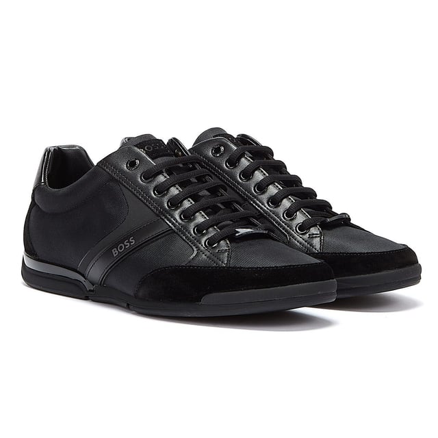 BOSS Saturn Low Mix Mens Black Trainers Mixed-material trainers by BOSS. Branded throughout for signature appeal, these trainers are crafted from a combination of suede, faux nappa leather and nylon for hybrid styling. Thermo-bonded details add a modern touch, while moisture-managing lining provides reliable odour control.