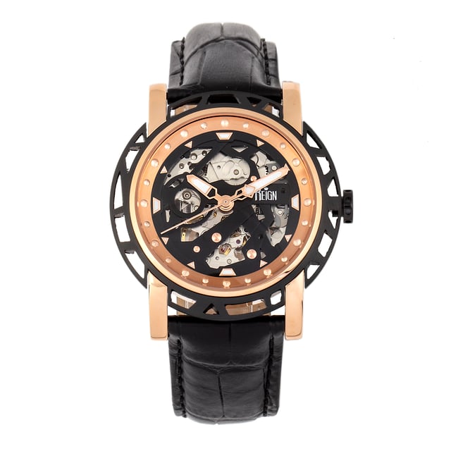 316L Surgical-Quality Stainless Steel Case; Jeweled Automatic Miyota 8N24 Movement; Jewel Bearings: 20 Jewels; 41 Hour Power Reserve; Beats per Hour (BPH): 21600/Hour; Sapphire-Coated Mineral Crystal; Skeleton Dial; Observation Caseback to view Movement; Logo-Engraved Crown; Genuine Leather Crocodile-Embossed Strap; Logo-Engraved Stainless Steel Clasp; Luminous Hands; Luminous Markers; 44mm Diameter; 5 ATM Water Resistance;