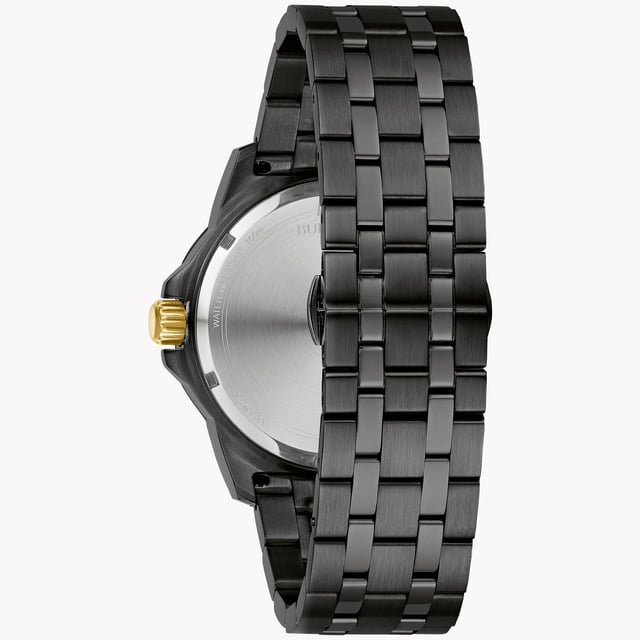 This Bulova Marine Star Analogue Watch for Men is the perfect timepiece to wear or to gift. It's Black 44 mm Round case combined with the comfortable Black Stainless steel watch band will ensure you enjoy this stunning timepiece without any compromise. Operated by a high quality Quartz movement and water resistant to 10 bars, your watch will keep ticking. This sporty luxury design in black ion-plated stainless steel features a black sunray dial with eight individually hand set diamonds and gold-tone accents -The watch has a calendar function: Date, Luminous Hands High quality 21 cm length and 23 mm width Black Stainless steel strap with a Deployment clasp Case diameter: 44 mm,case thickness: 12 mm, case colour: Black and dial colour: Black