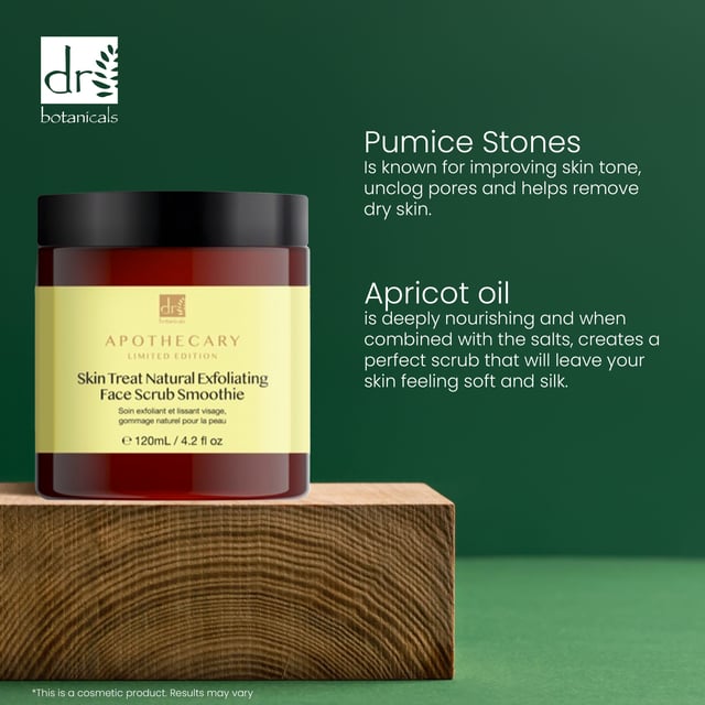 Nuestro batido exfoliante natural Skin Treat es una lujosa mezcla de piedras pómez y aceite de albaricoque. Esta fórmula de belleza limpia mejora el tono de la piel, desobstruye los poros y elimina la piel seca, dejando el cutis suave, sedoso y radiante. Diga adiós a la opacidad y hola a un cutis sano y resplandeciente.