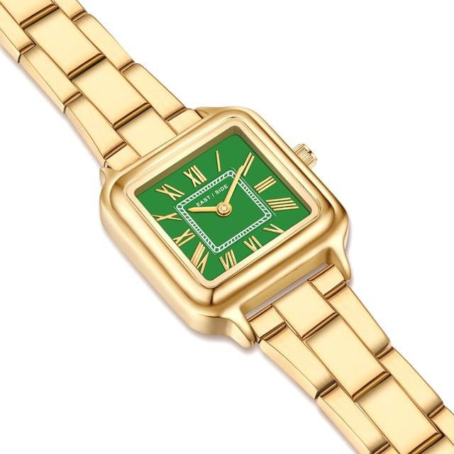 GENERAL INFORMATION:  • Targetgroup: Female  • Wristwatch: No Special Functions  • Display: analogue  • Weight of watch w/o box (gr.) - approx.: 59,0  MOVEMENT:  • Movement: Quartz  • Term of Movement: 2025  • Origin of movement: Japan  BRACELET:  • Material of bracelet/strap: Stainless steel  • Plating of bracelet/strap: Ion-Plating (IP)  • Finishing of bracelet/strap: Smooth  • Finishing/Decoration of bracelet/strap: None  • Clasp/Closure/Buckle: Security-folding clasp  • Color of bracelet/strap: Yellowgold  • Length of bracelet/strap (mm) approx.: 210,0  • Width of bracelet/strap (mm) approx.: 13,7  • Style/Design of bracelet/strap: Link bracelet  • Bracelet/strap adjustable?: Yes  CASE:  • Shape of case: Square  • Size/Diameter of case in mm . approx.: 25,0 x 32,0  • Height of case in mm: 8,2  • Case material: Metal (Alloy)  • Surface of case: Polished  • Bezel/Topring: Fixed  • Finishing/Decoration of case: None  • Material of case back: Stainless steel  • Lock of case back: No screwed-in crown  • Color of case: Yellowgold  • Coating/Plating (Case): Ion-Plating (IP)  • Type/Form of crystal: Flat  • Material of crystal: Mineral crystal  DIAL:  • Size jewelry care cloth: Hour, Minute  • Indices: Roman indicies  • Material of dial: Brass  • Structure/pattern of dial: Flat  • Color of dial: Green  PUSHER, CROWN, HAND:  • Pusher: None  • Corrector: No  • Crown: No screwed-in crown  • Type of hands: Pole hand  • Luminescent (hands): No  PACKAGING & SCOPE OF DELIVERY:  • Box: Yes  • Service booklet: Yes  • Manual: Yes