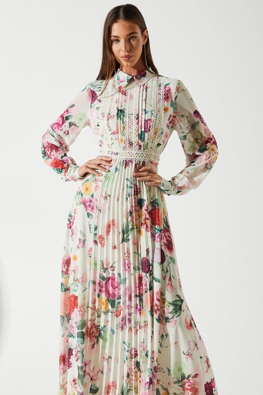 Pleated Lace Trim Midi Dress