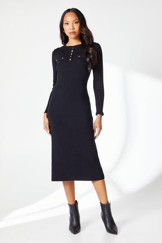 Button Detail Rib Knit Midi Dress
