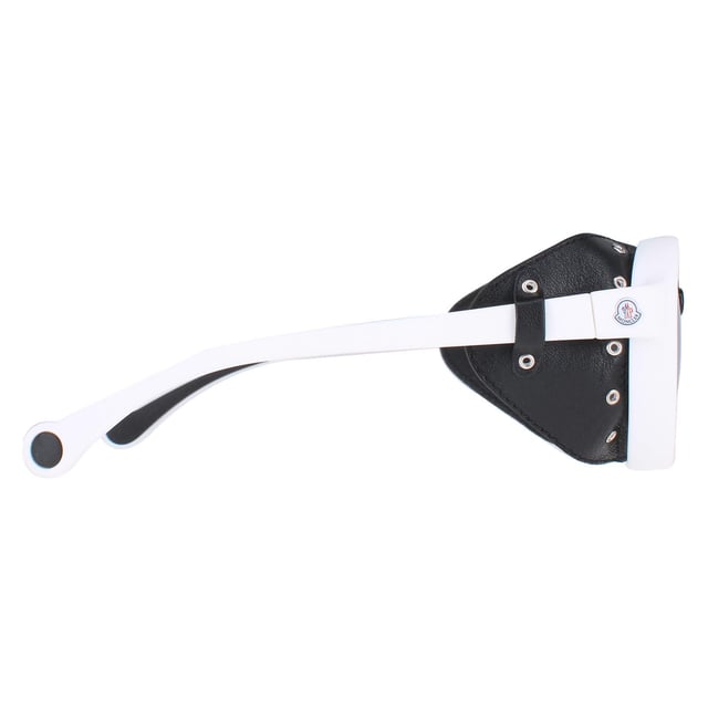 Moncler Round Unisex White Black Leather Grey Silver Mirror ML0046  Sunglasses are a round style crafted from lightweight acetate . These have removeable leather side inserts for extra protection and the Moncler logo on the temples.