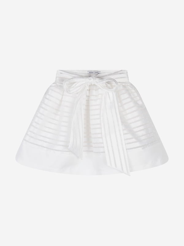 Mama Luma's sophisticated portfolio takes inspiration from a bygone era. This girls white strap skirt is both captivating and beautifully constructed. Crafted in a polka-dot bobbled effect via a chiffon effect on a peplum hem. It is complete with a tie-up bow and satin stripe trim. She will embody unparalleled confidence.  Mesh/Cotton Lining  100% Polyester
