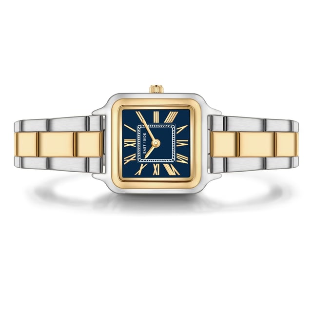 GENERAL INFORMATION:  • Targetgroup: Female  • Wristwatch: No Special Functions  • Display: analogue  • Weight of watch w/o box (gr.) - approx.: 60  MOVEMENT:  • Movement: Quartz  • Term of Movement: 2025  • Origin of movement: Japan  BRACELET:  • Material of bracelet/strap: Stainless steel  • Plating of bracelet/strap: No, IP-Plating  • Finishing of bracelet/strap: Smooth  • Finishing/Decoration of bracelet/strap: None  • Clasp/Closure/Buckle: Security-folding clasp  • Color of bracelet/strap: Silver/yellow gold  • Length of bracelet/strap (mm) approx.: 210,0  • Width of bracelet/strap (mm) approx.: 13,7  • Style/Design of bracelet/strap: Link bracelet  • Bracelet/strap adjustable?: Yes  CASE:  • Shape of case: Square  • Size/Diameter of case in mm . approx.: 25,0 x 32,0  • Height of case in mm: 8,2  • Case material: Metal (Alloy)  • Surface of case: Polished  • Bezel/Topring: Fixed  • Finishing/Decoration of case: None  • Material of case back: Stainless steel  • Lock of case back: No screwed-in crown  • Color of case: Silver/yellow gold  • Coating/Plating (Case): No, IP-Plating  • Type/Form of crystal: Flat  • Material of crystal: Mineral crystal  DIAL:  • Size jewelry care cloth: Hour, Minute  • Indices: Roman indicies  • Material of dial: Brass  • Structure/pattern of dial: Flat  • Color of dial: Blue  PUSHER, CROWN, HAND:  • Pusher: None  • Corrector: No  • Crown: No screwed-in crown  • Type of hands: Pole hand  • Luminescent (hands): No  PACKAGING & SCOPE OF DELIVERY:  • Box: Yes  • Service booklet: Yes  • Manual: Yes