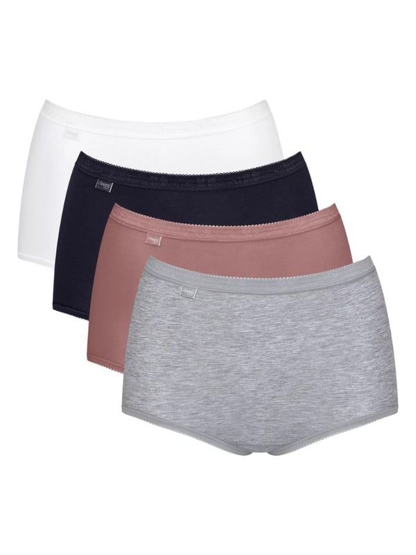 Maxi Slip für Frauen im praktischen 4er Pack von der Marke Sloggi. Einfarbige Shorts mit kleiner Spitze am Bund und Beinabschluss. Hoher Tragekomfort und perfekte Passform.