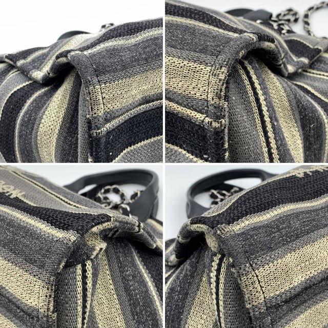 VINTAGE, RRP AS NEW
Beautiful Chanel 'Deauville' tote, crafted in black, grey and beige striped canvas with a white 'Chanel CC31, Rue cambon - Paris' logo. Period/Era: 2018/2019. Double black eather top handles and silver metal and interwoven leather shoulder straps. Magnetic button closure on top. The interior is in beige canvas lining. 2 side zip pockets inside. Leather strap with hook inside. 'CHANEL - made in Italy' tag inside. ity hologram tag inside Condition Rating: B - VERY GOOD CONDITIONCondition Details: Gently used. Some normal wear of use on bottom corners. Some darkness, small stains and normal wear of use on the internal lining. The fabric of the upper border is slightly discolored. Please, check carefully the photos or ask if you have any doubts. Measurements (cm):Depth: 20.3Height: 25.4Length: 43.2Other Details: Dustbag? NoKeys? NoBox? NoMeasurments:  width: 203 mm length: 432 mm height: 254 mm