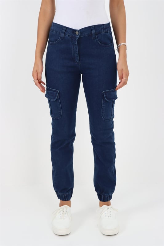 Womens Side Elastic Waist Self Cuffed Jeans in Dark Stonewash