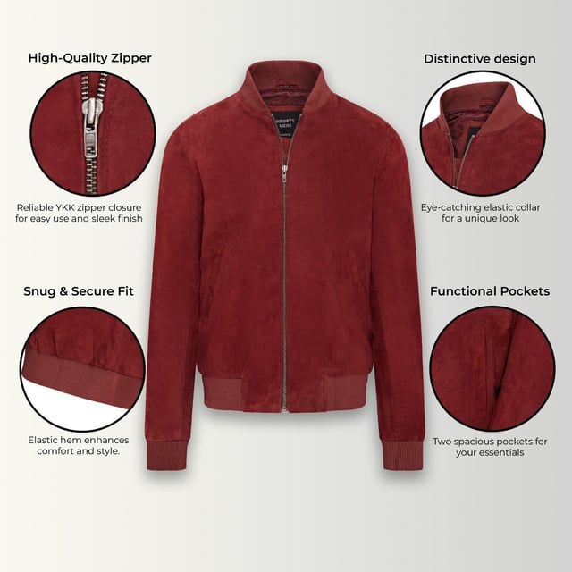 Introducing the Men's Varsity Suede Leather Bomber Jacket, a refined take on the classic MA-1 flight jacket. Crafted from 100% soft goat suede, this jacket offers exceptional durability and a supple drape. The exposed zip front features a wide, quilt stitch zip stand, complemented by a rib knit collar, cuffs, and hem for added warmth and a sleek silhouette. With four pockets�two at the waist and two inside, including a secure zipped pocket�this fully lined jacket combines style and functionality seamlessly.

� Made from 100% soft goat suede for durability and comfort
� Exposed zip front with quilt stitch zip stand
� Rib knit collar, cuffs, and hem for insulation
� Four pockets: two waist and two interior, one with a zip
� Fully lined interior for added warmth and comfort