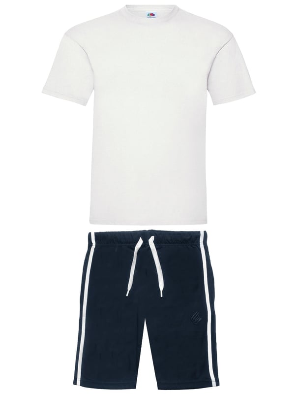 The Original Fruit of the Loom Short Sleeves T Shirts Crew neck tee with Taped Neckline for added comfort. Twin needle stitching detail on neck, sleeves and hem. Produced using Belcoro Yarn for softer feel Tshirt. Paired With Enzo Mens Relaxed Comfortable Loungewear Shorts. Adjustable Drawstring and Elastic Waistband. 2 Side Pocket Design with Contrasting Stripes to Side Branded Stitching