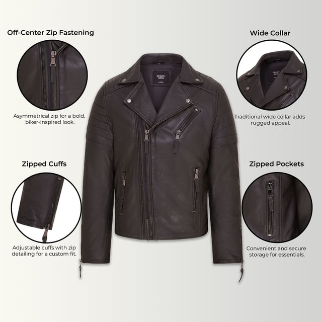 The centrepiece of a timeless look, this jacket is crafted with full grain nappa leather to achieve a slim fit stylish biker silhouette. Eye catching additions to this piece include ribbed detailing on the shoulders and a traditional wide collar. The front of the jacket is accented with a double zip and features a slanted zip pocket across the breast as well as a further two zip pockets. This jacket comes in a range of colours to suit a variety of tastes, allowing all to find their ideal style in this classic Brando style piece.

• 100% premium ultra-soft nappa leather.
• Slanted zip breast pocket • Double zip front, tagged for ease of use
• Wide notch stud fastened lapels
• Pockets integrated into the jacket lining
• Ribbed detailing on the shoulders
• Stylish zipped cuffs
