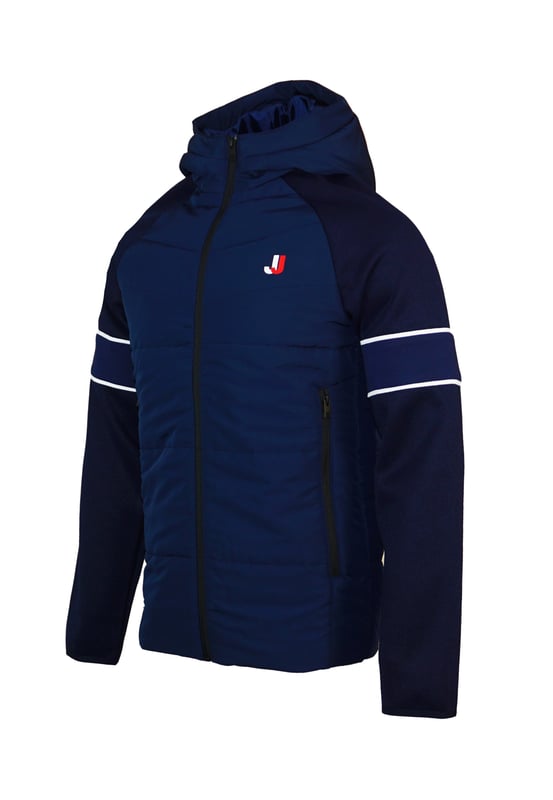Veste matelassée sportive avec capuche, poches latérales zippées et logo imprimé en coupe régulière.