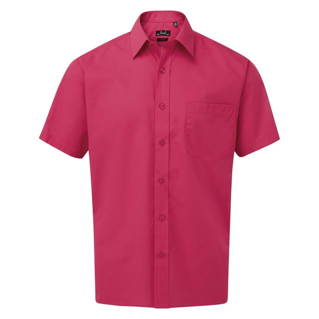 Easy care fabric. Stiffened collar. Back yoke. Left chest pocket. Self colour buttons on dark colours. Straight hem. WRAP Certified Production.