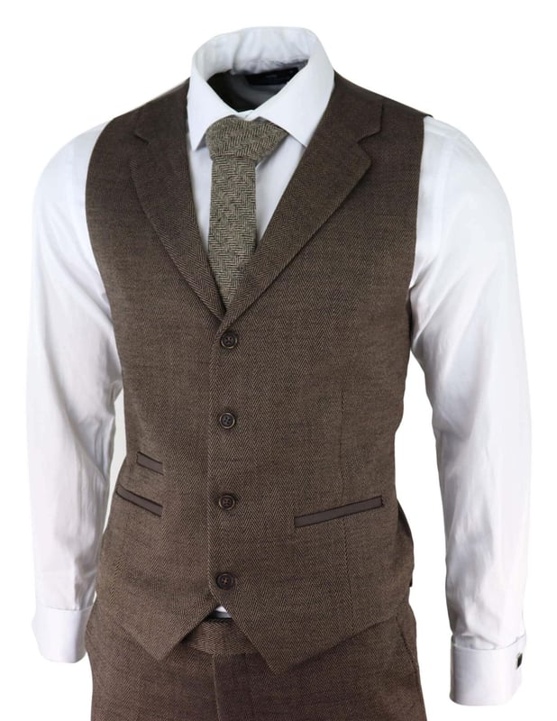 Men's Retro Tweed Waistcoat Vest - Vintage Herringbone Style With Multiple Pockets, Size 46-50