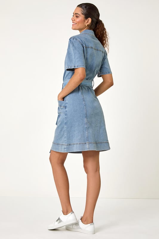 Denim Tie Waist Pocket Shirt Dress