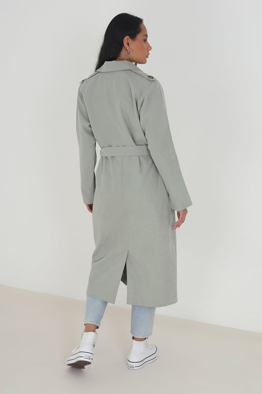 Pale Green Double-Breasted Longline Trench Coat With Raglan