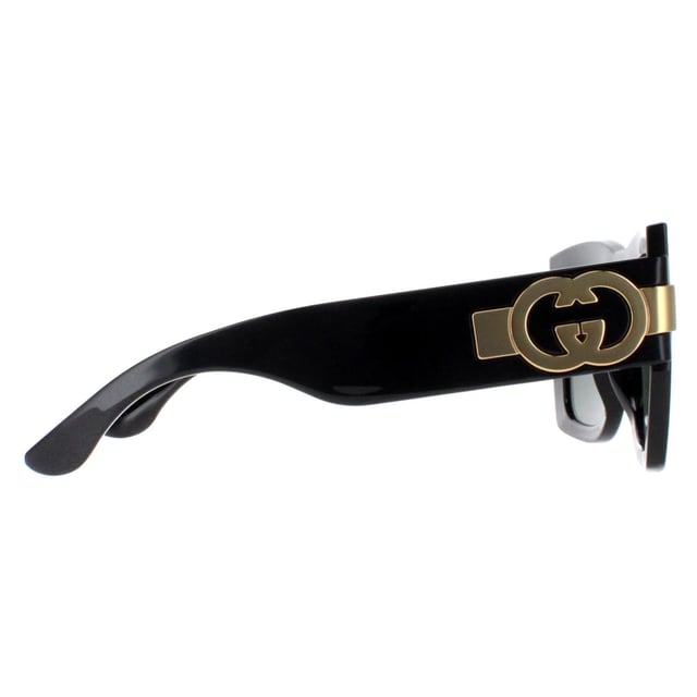 Gucci Square Womens Black with Gold Grey GG1688S  Sunglasses offer a perfect combination of modern sophistication and understated luxury. With their bold, square frame, these sunglasses make a striking fashion statement while maintaining a timeless appeal suitable for various occasions. The design is complemented by Gucciâ€™s signature double-G logo on the temples, adding a touch of iconic branding that speaks to the wearerâ€™s impeccable taste. High-quality lenses provide essential UV protection, ensuring comfort and safety without compromising on elegance.