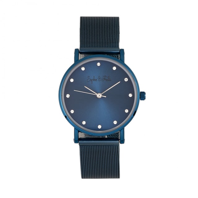Polished Alloy Case ; Precision Japanese Quartz Movement ; Non-Glare Scratch-Resistant Mineral Crystal ; 12 Swarovski Crystal Markers on Dial; Logo-Engraved Stainless Steel Caseback ; Mesh Alloy Bracelet; Box with Tongue and Safety Clasp; 32mm Case Diameter ; 3 ATM Water Resistance;