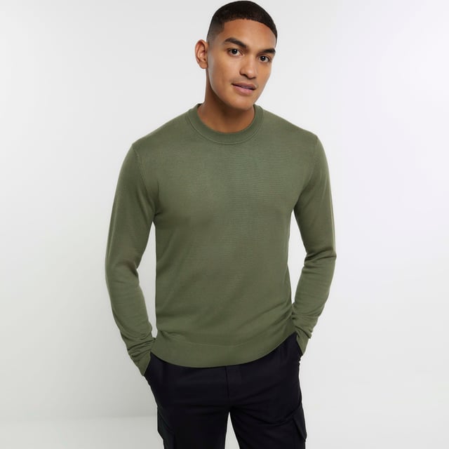River Island Mens Jumper Green Slim Fit Crew