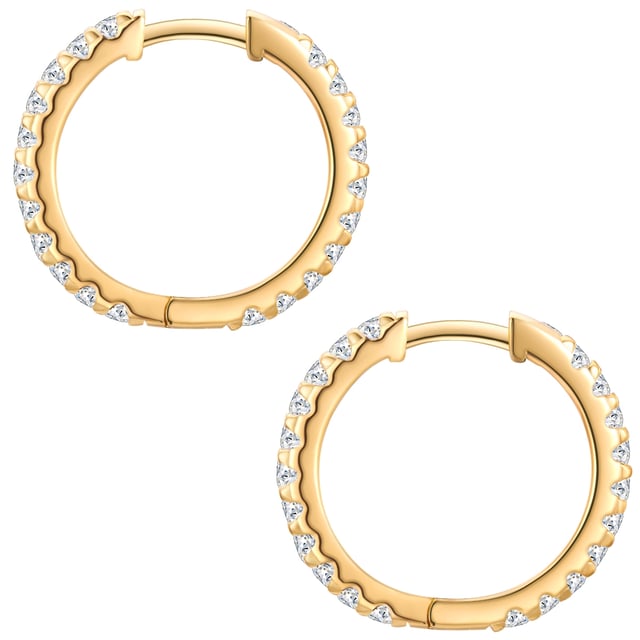 Glamorous earrings are a must -have for all jewelry lovers - like these creoles of the Trilani label. The design convinces with its classic-time circular form. Made of 925 sterling silver and refined with yellow gold, the earrings are perfect for all fans of the warm shimmering precious metal nuance. Coating is the lush trim with zirconia crystals, the diamond cut of which ensures an enchanting sparkle on your earlobes. These creoles are a combination talent that harmonizes the office outfit as well as a casual look in leisure. A practical folding cap offers optimal wearing comfort and simplifies it.