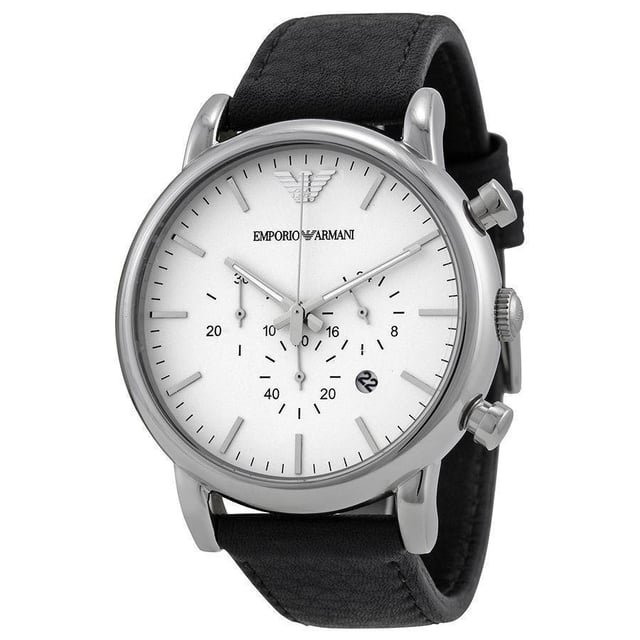 Diese Emporio Armani Luigi Chronograph Uhr für  Herren ist das perfekte Accessoire zum tragen oder verschenken. Ihr Silber 46 mm Rund Gehäuse kombiniert mit dem bequemen Schwarz Armband aus  Leder garantiert, dass Sie diese atemberaubende Uhr kompromisslos genießen werden. Angetrieben von einem hochwertigen Quarz Uhrwerk und wasserdicht bis 5 bars, läuft Ihre Uhr stets weiter. Elegante, schlichte und modische Uhr, die für das tägliche Leben geeignet ist. Dieser Chronograph verfügt über eine Kalenderfunktion: Datum, Stoppuhr, 24-Stunden-Anzeige und Leuchtzeiger Diese hochwertige Uhr hat ein Schwarz Leder Band ( 21 cm Länge und 21 mm Breite) mit einer Dornschließe Gehäusedurchmesser: 46 mm,Gehäuse Höhe: 12 mm, Gehäusefarbe: Silber, Zifferblattfarbe: weiß