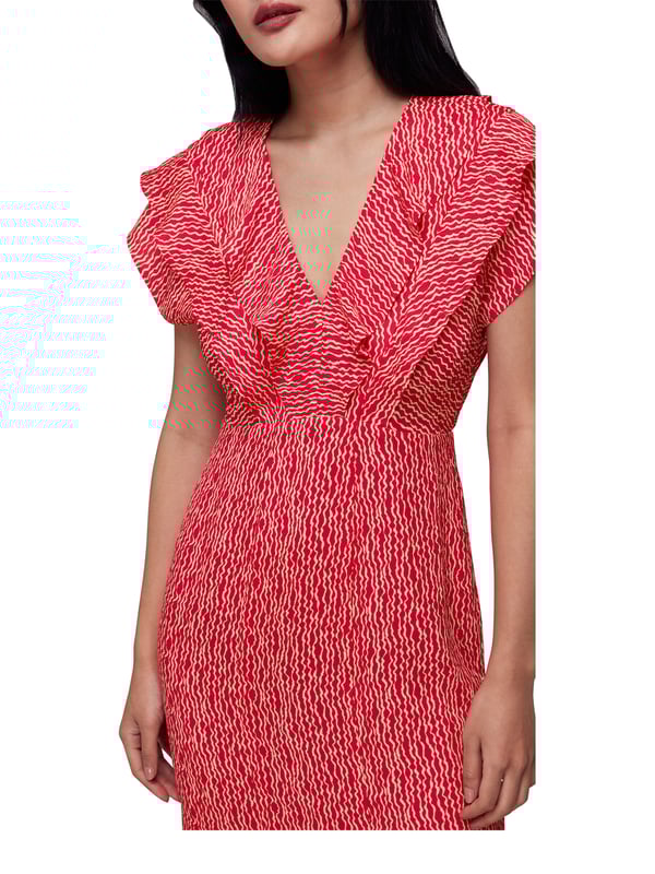 Step into style with the vibrant Wiggly Ruffled Midi Dress, perfect for day-to-evening wear. This short-sleeved number with a flattering V-neck and zip fastening offers comfort with its recycled polyester blend, making it an eco-conscious choice for any fashion-forward wardrobe.