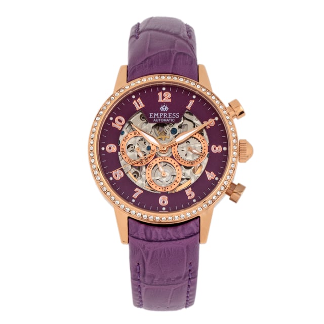 316L Chirurgisch Kwaliteit RVS Kast; Jeweled Automatisch Uurwerk; Juweel Lagers: 22 Juwelen; 36-Uur Energiereserve; Beats per Hour (BPH): 21600/Uur; Saffier-gecoate Mineraalglas; Skeleton Wijzerplaat; Observatiekastje om het Uurwerk te bekijken; Kristallen Surround Bezel; Echt Leer Crocodille-Embossed Band; Logo-gegraveerde RVS Sluiting; Luminiserende Wijzers; Luminiserende Indexen; Dag Sub-Wijzerplaat; Datum Sub-Wijzerplaat; 24-Uur Sub-Wijzerplaat; 38mm Diameter; 3 ATM Waterdichtheid;