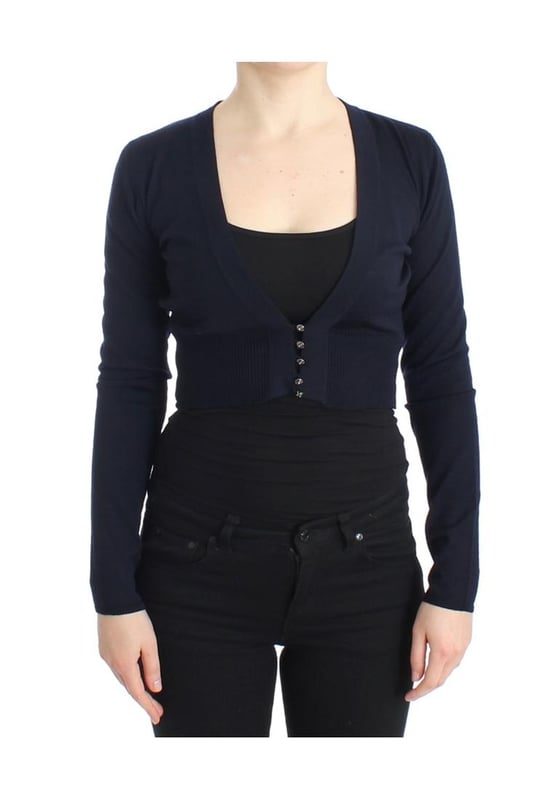Brand: Class Roberto Cavalli
  Material: 100% Virgin Wool
  Color: Blue
  Style: Cropped Cardigan
  Button closure in the front
  Logo details
  Original tags and store bag included
  Gender: Women