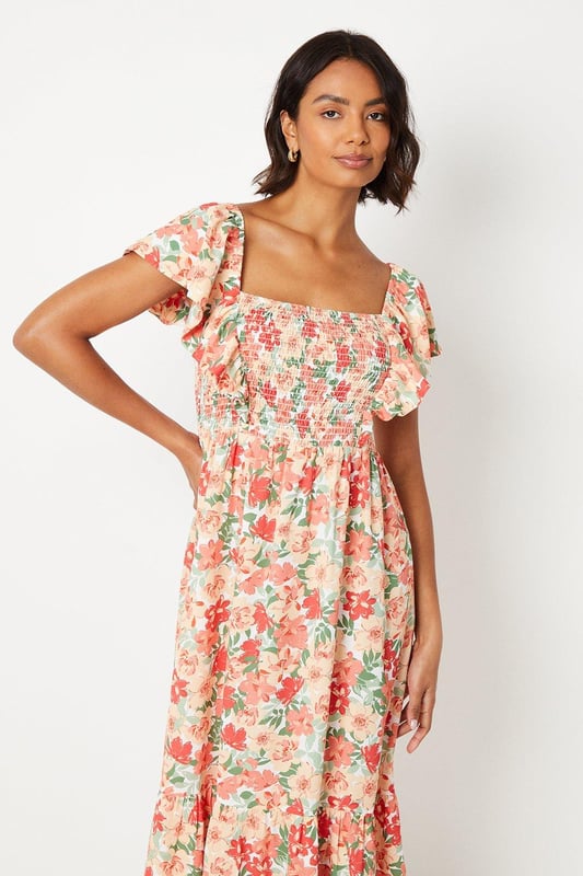 Floral Shirred Bodice Ruffle Sleeve Midi Dress