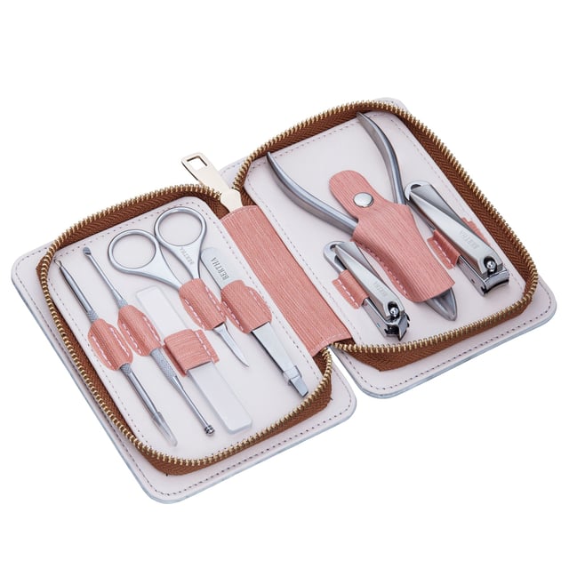 SPECIFICATIES: 8-delige set, Chirurgisch RVS gereedschap; INBEGREPEN: Heavy-duty reisetui met ritssluiting, nagelknipper, teennagelknipper, nagelriemtang, nagelvijl, neusgat + wenkbrauwschaar, oorprikker, lancet, pincet