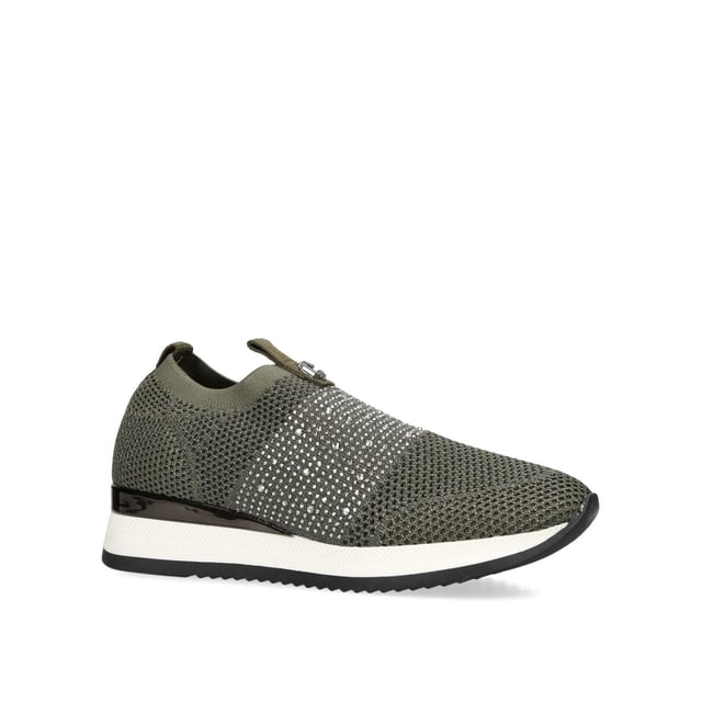 The Carvela Janeiro2 trainer features a khaki knitted upper in a low top sock-style. There is a silver crystal embellishment across the toe with Icon C metal stud.
