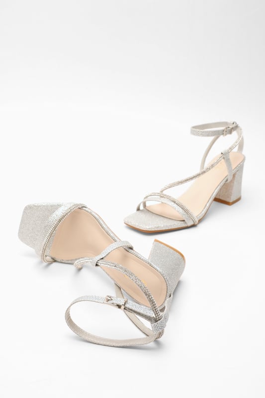 Silver Diamante Block Heeled Sandals - Shimmer finish - Diamante embellishment - Asymmetric strap - Buckle fasten - Block heel - Heel height: 7cm / 2.8" approx