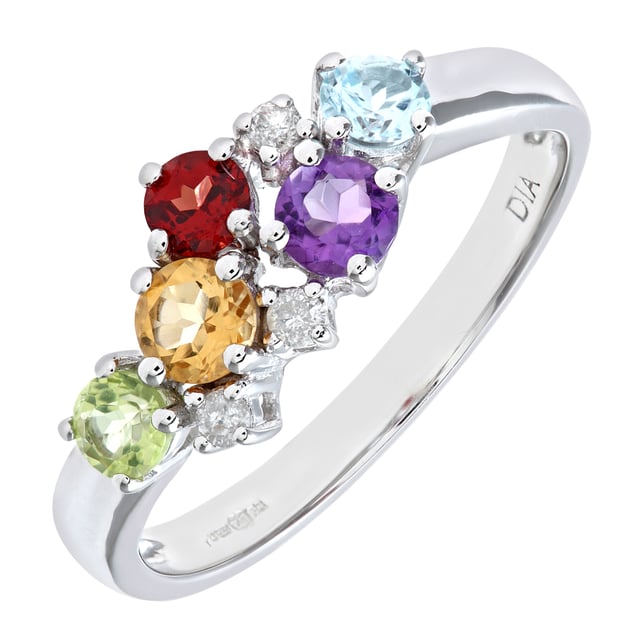 Oro amarillo de 18 quilates (750): 4,9 g; # Diamante: 0,06 ct; # Amatista, peridoto, topacio azul, citrino y granate: 0,7 quilates