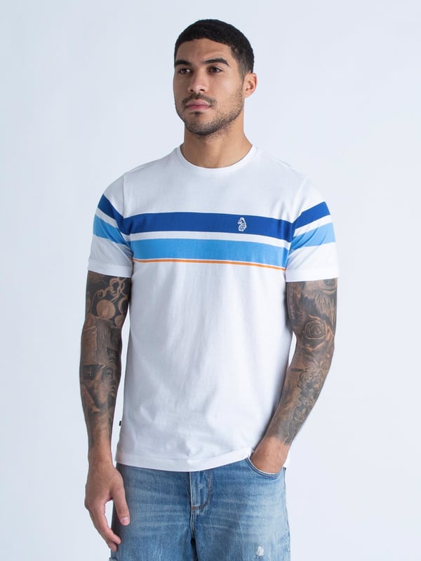 The classic crew neck tee from LUKE is cut from a super soft cotton and features contrast yarn dyed stripes across the chest and sleeves. It is detailed with soft rib trims throughout and is complete with the brand's iconic raised lion print on the left chest.
