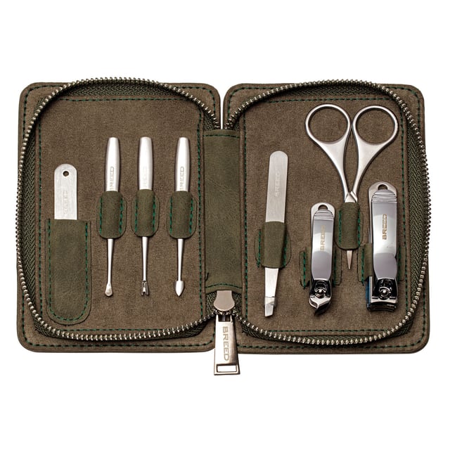 SPECS: 8-piece set, Surgical Stainless steel tools; INCLUDED: Heavy duty zip up travel case, Fingernail clippers, Toenail clippers, Nail file, Nostril + Eyebrow scissors, Peeling Knife, Cuticle Knife, Deadskin Fork, Tweezers
