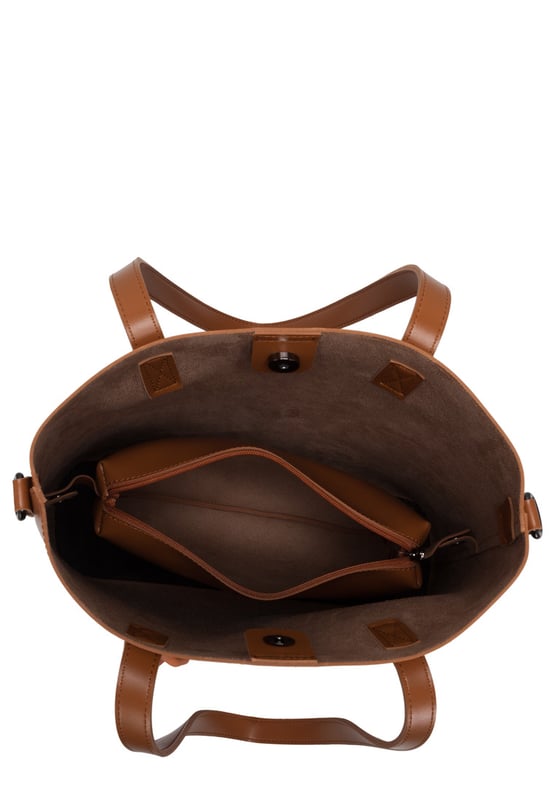 This beautiful bag is a statement piece from a busy day at work to a relaxing day shopping, this is the perfect, spacious tote. With the luxurious soft PU leather and minimalistic look this will easily become your everyday bag on the go. The optional shoulder strap allows you to have 2 styles in one for maximum comfort. While also featuring a large zip top inner pouch to keep all your valuables safe. Features: , Claudia Canova blind debossed logo, Two grab handles, Removeable shoulder strap, Portable large inner pouch with secure zip opening, Magnetic clasp fastening to the main compartment, Gunmetal hardware, Soft chain detailing Style Ref: 84303 TAN