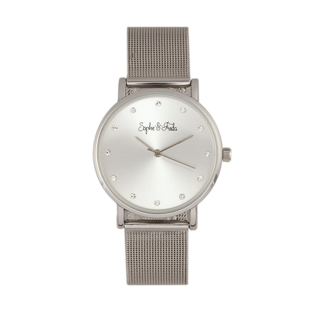 Polished Alloy Case ; Precision Japanese Quartz Movement ; Non-Glare Scratch-Resistant Mineral Crystal ; 12 Swarovski Crystal Markers on Dial; Logo-Engraved Stainless Steel Caseback ; Mesh Alloy Bracelet; Box with Tongue and Safety Clasp; 32mm Case Diameter ; 3 ATM Water Resistance;