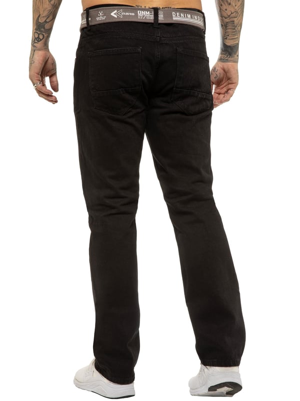 Enzo Mens Regular Fit Jeans. Free Belt Included (Belt colour may vary). 5 Pockets including the Coin Pocket. Branded Buttons and Rivets. Midrise Zip Fly Fastening.(EZ399)