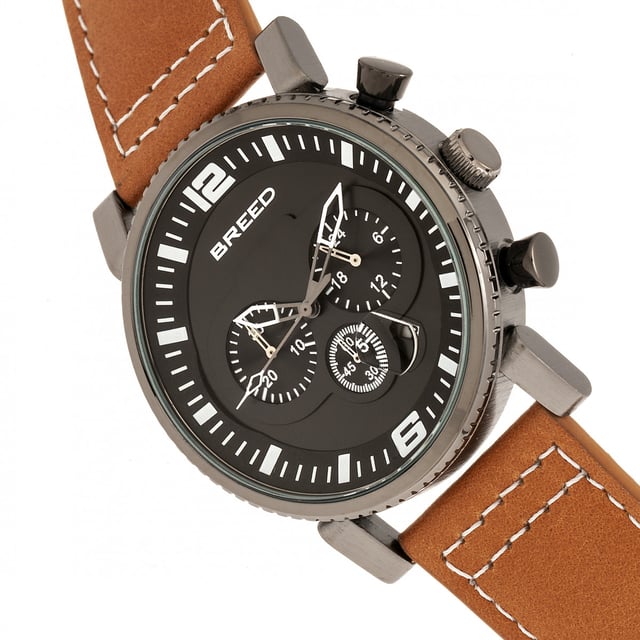 Polished Alloy Case; Precision Japanese Quartz Movement; Full-Function Chronograph; Non-Glare Scratch Resistant Mineral Crystal; Logo-Engraved Stainless Steel Caseback; Genuine Leather Strap; Logo-Engraved Stainless Steel Clasp; Magnified Date Display; 45mm Case Diameter; 5 ATM Water Resistance;