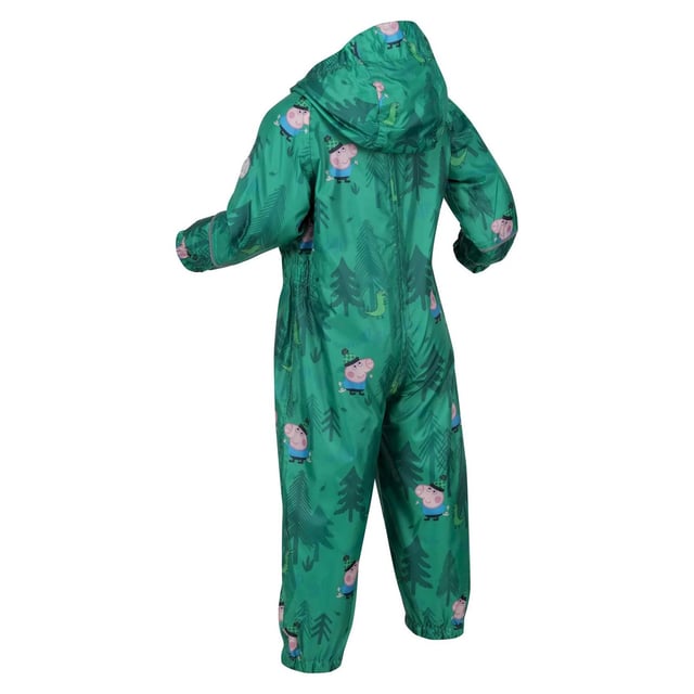 Regatta Childrens/Kids Peppa Pig Dinosaur Snowsuit (Jellybean Green) 100% Polyester. Fabric: Isolite. Design: Dinosaurs, Printed. Characters: George Pig. Lining: Mesh. Cuff: Elasticated. Neckline: Hooded. Sleeve-Type: Long-Sleeved. Branded Zip Pull, Elasticated Ankles, Elasticated Waist, Reflective Trim. Fabric Technology: Breathable, DWR Finish, Lightweight, Waterproof, Windproof. Hood Features: Grown On Hood. Fastening: Full Zip. 100% Officially Licensed.
