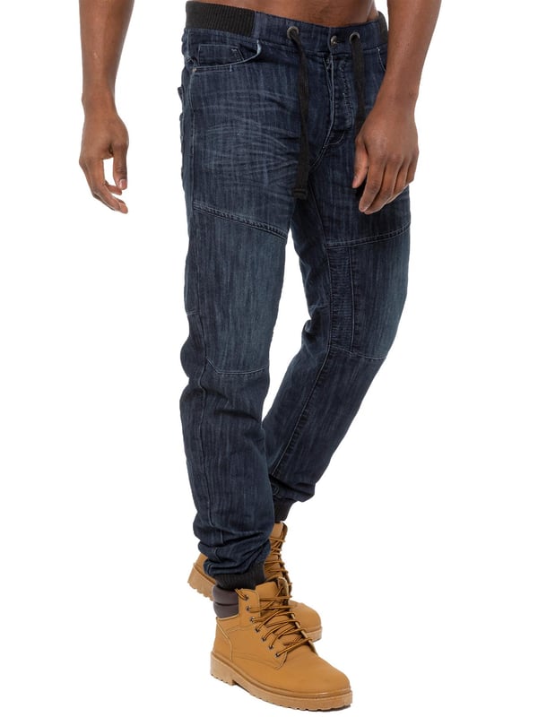 Enzo Mens Denim Cuffed Jogger Jeans Dark Blue