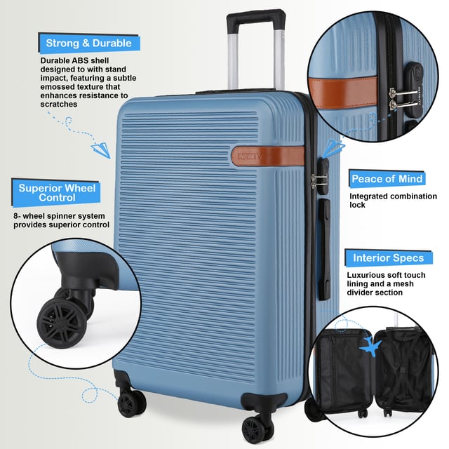 Upgrade your travel gear with our Hardshell Cabin Suitcase Set, designed to combine durability, style, and functionality. Whether for business trips or holiday adventures, this lightweight luggage set provides superior performance with a sleek and modern look.

Features:
Sturdy ABS Construction: Lightweight yet durable, offering excellent protection for your belongings.
8 Smooth Dual Wheels: Effortless 360° maneuverability for stress-free travel through airports and busy streets.
Secure Combination Lock: Built-in 3-digit lock for enhanced safety and peace of mind.
Telescopic Handle: Ergonomically designed for comfortable handling.
Fully Lined Interior: Equipped with elasticated tie-down straps, a zippered divider, and a mesh pocket to keep your items organized.
- Sizes and Specifications:
Cabin:
Dimensions: 36 x 22 x 56 cm
Weight: 2.40 kg
Capacity: 40L
Medium:
Dimensions: 42 x 25 x 66 cm
Weight: 3.40 kg
Capacity: 61L
Large:
Dimensions: 48 x 28 x 75 cm
Weight: 4.20 kg
Capacity: 90L
The timeless design ensures elegance while making your luggage easy to spot. Whether traveling light with the cabin size or packing for a long trip with the medium and large, this set is tailored to suit all your travel needs.

Note: This product is a Set of 3 Sizes (Small (Cabin), Medium, & Large).