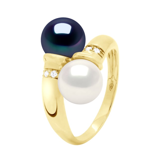 Ring \"You \u0026 Me\" - Diamanter 0,04 Cts - 2 äkta odlade sötvattenspärlor runda 8-9 mm - FÄRG NATURLIG VIT + SVART TAHITI - Gult guld - Levereras med äkthetscertifikat och internationell garanti - MADE IN FRANCE
