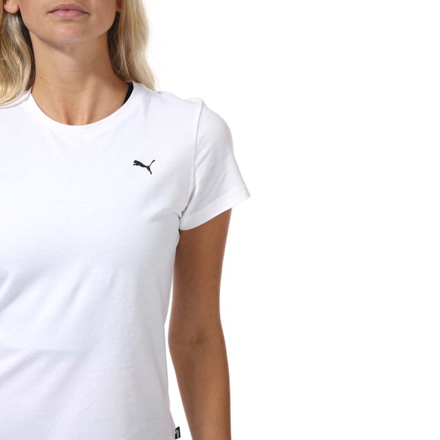 Womens Puma Essentials Small Logo T-Shirt in Puma white.- Crew neck.- Short sleeves.- Puma logo printed at left chest.- Branded back neck tape.- Regular fit.- 100% Cotton. - Ref: 586776-02