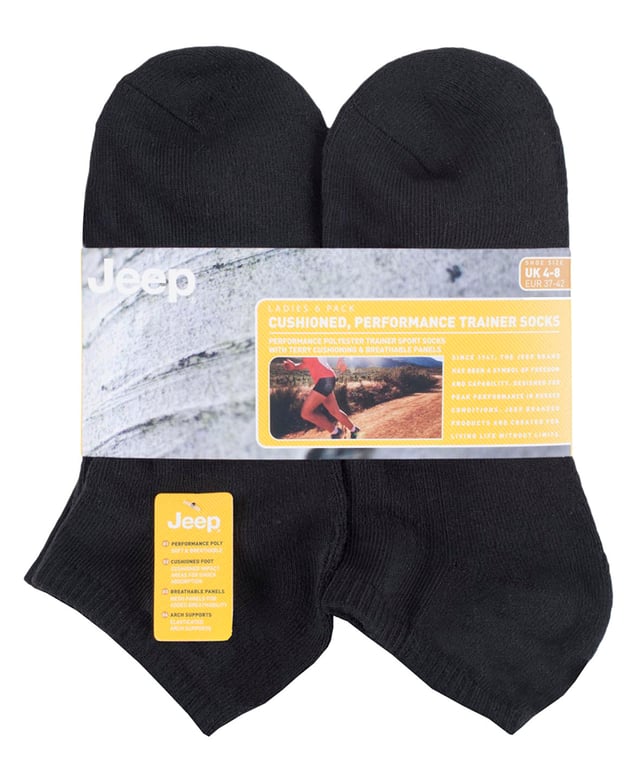 Jeep Socks for Women include all the durable and resilient qualities that the well-reputed brand is known for, but maintain the style and comfort that women have come to expect from their socks. This range of Ladies Jeep socks are perfect for matching your trekking gear, or even if you are looking to update your running gear. Ideal for the gym, these ankle length socks are made from polyester to keep your feet fresh and dry all day. These six pair of socks are also ideal to pack away for a getaway to the great outdoors. These socks have a lightweight feel about them but they're durability and resilience goes a long way whether you're going for a short jog or a long trek. The polyester blend feels soft to the touch which will help your feet feel comfortable. These socks feature terry loop cushioning throughout the toes, footbed and heels, but with a non-cushioned upper, and with breathable mesh panels woven into them. This helps to keep the feet ventilated and cool. The light padding of impact areas protects your feet and provides shock absorption without adding too much bulk or weight. A woven-in elastic arch support system is woven in a band that gently lifts the mid foot and helps to keep the socks in place on the foot. These socks are made from 95% Polyester 5% Elastane. They are available in a pack of 6. They come in a size 4-8 UK.