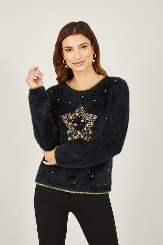 Black Fluffy Star Christmas Jumper