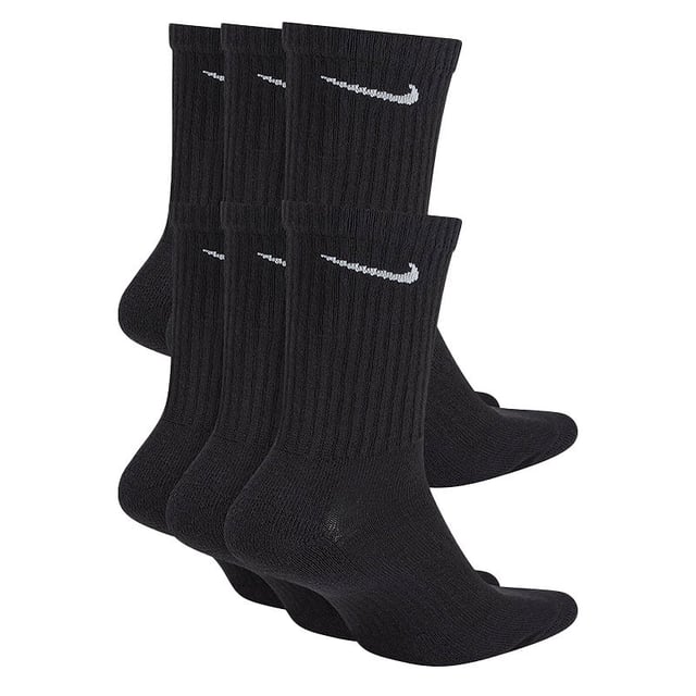 Nike SX7666 Unisex Everyday Cushion Crew Training Socks (6 Pairs) Black Nike Dri-fit Technology Helps You Stay Dry and Comfortable. -- . Thick terry sole provides comfort and impact absorption. Ribbed arch band offers a supportive feel. Crew silhouette covers your ankle and lower calf. With Nikes staple Dri-Fit technology wicking away moisture, keeping your feet dry and comfortable, these socks should be cemented as a part of any outfit.