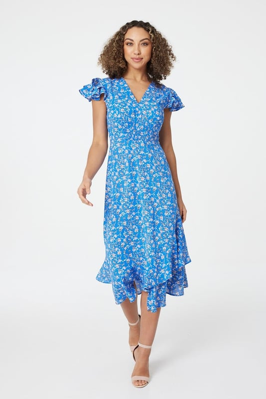 Blue floral ruffle tea dress clearance
