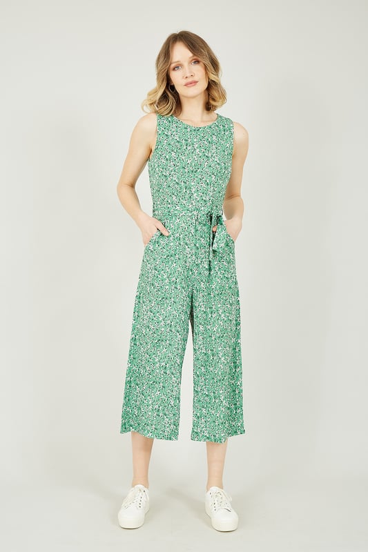 Mela Green Ditsy Flower Sleeveless Culotte Jumpsuit